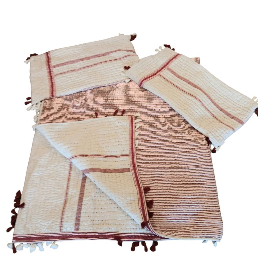 Pottery Barn Nellie Pick Stitch Red & Cream Reversible King Quilt & 2 Shams